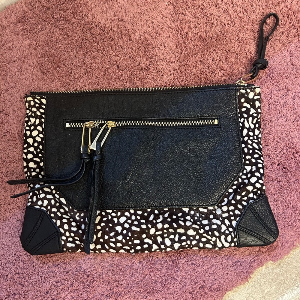 Sanctuary brand black and white leopard leather clutch